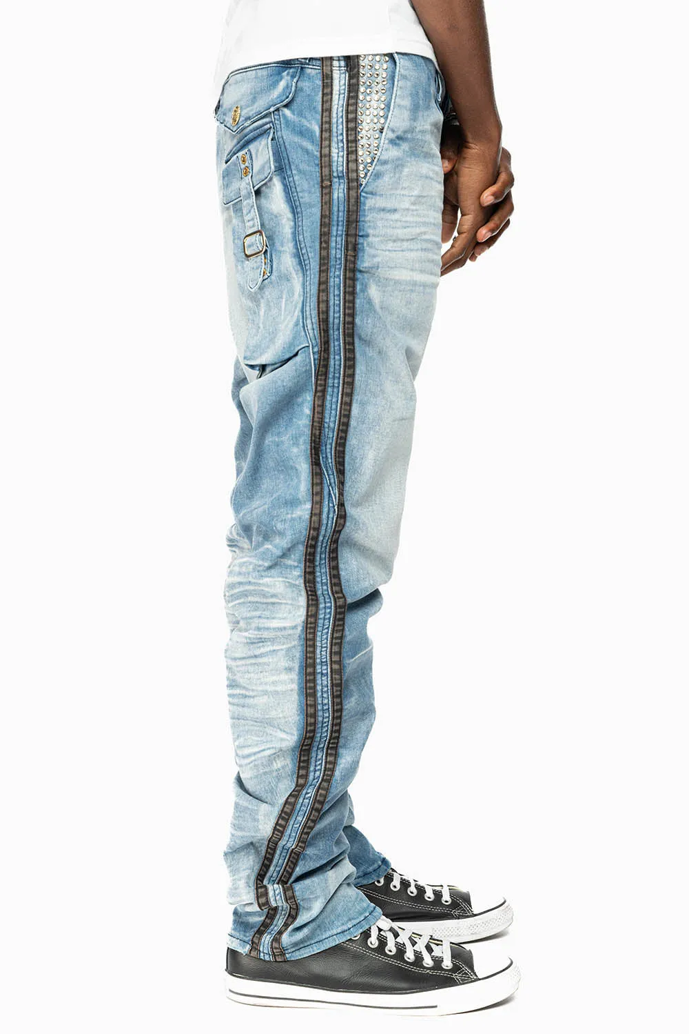 MENS LIMITED EDITION WARRIOR MILITARY JEAN- PANTS IN BLUE OMAHA LIGHT WASH WITH CRYSTALS