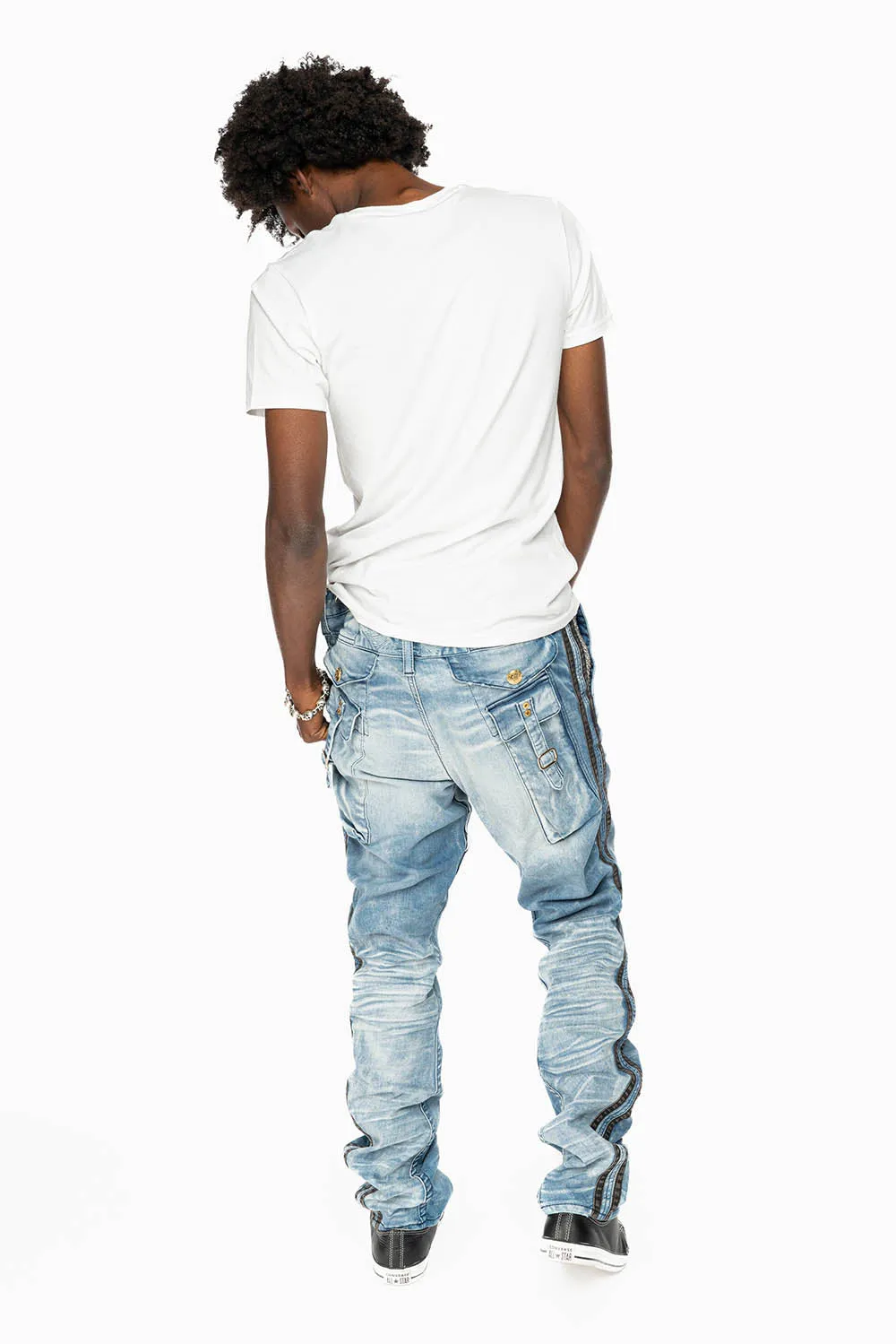 MENS LIMITED EDITION WARRIOR MILITARY JEAN- PANTS IN BLUE OMAHA LIGHT WASH WITH CRYSTALS