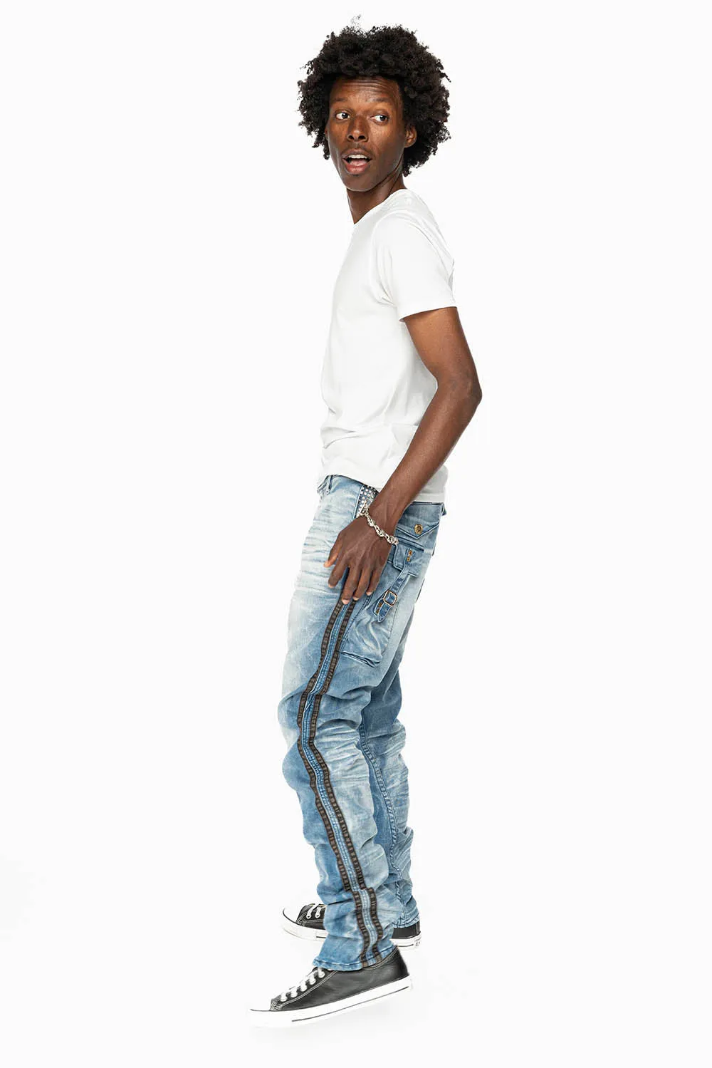 MENS LIMITED EDITION WARRIOR MILITARY JEAN- PANTS IN BLUE OMAHA LIGHT WASH WITH CRYSTALS