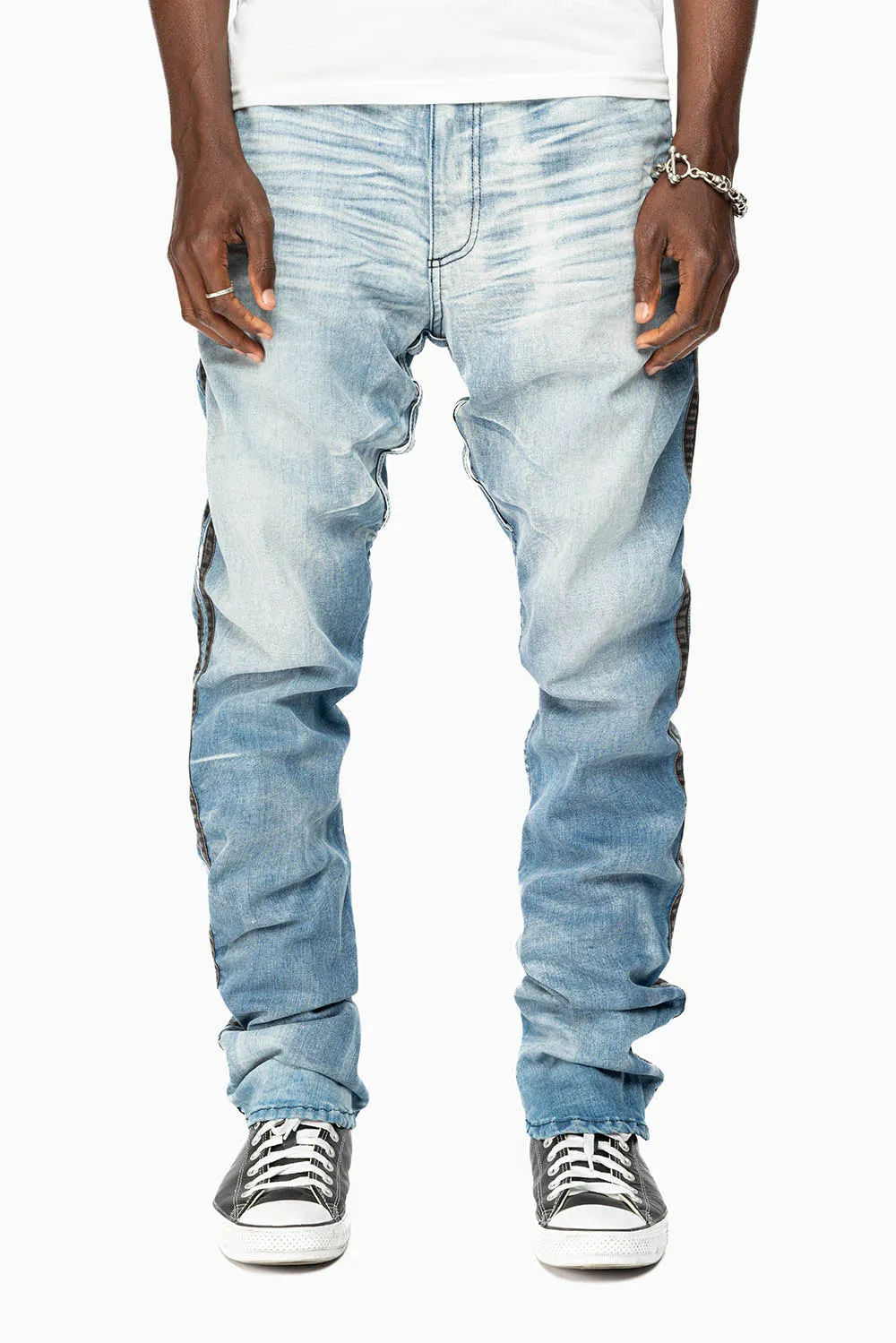 MENS LIMITED EDITION WARRIOR MILITARY JEAN- PANTS IN BLUE OMAHA LIGHT WASH WITH CRYSTALS