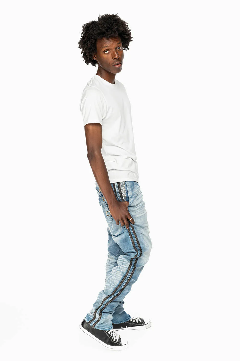 MENS LIMITED EDITION WARRIOR MILITARY JEAN- PANTS IN BLUE OMAHA LIGHT WASH WITH CRYSTALS