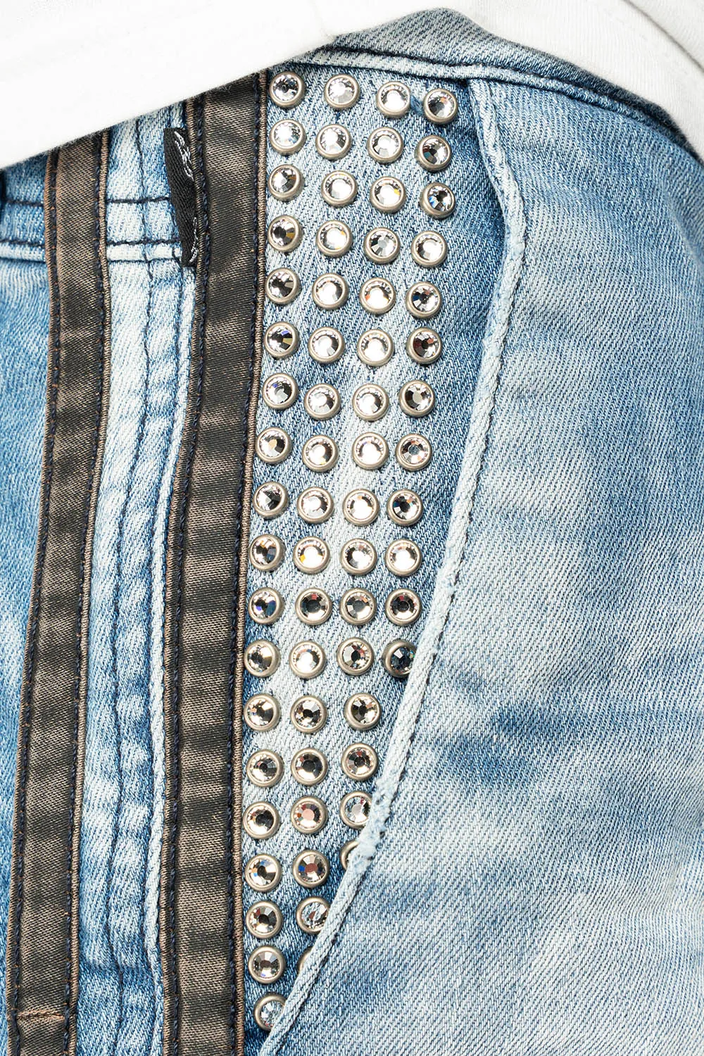 MENS LIMITED EDITION WARRIOR MILITARY JEAN- PANTS IN BLUE OMAHA LIGHT WASH WITH CRYSTALS