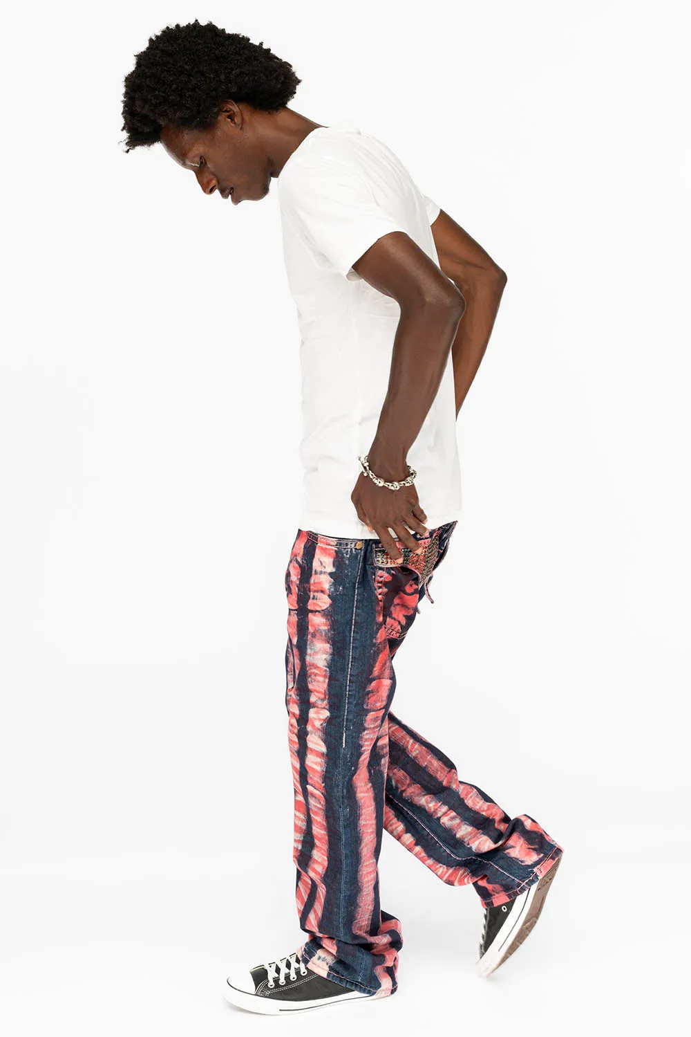 MENS LONG FLAP POCKET JEANS WITH HEAVY STITCHING AND CRYSTALS IN PRISONER RED