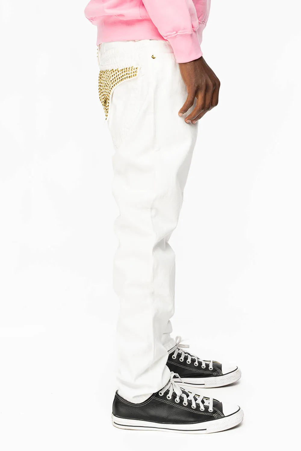 MENS LONG FLAP SLIM JEANS WITH FULL AURUM CRYSTALS IN PURE WHITE DNM