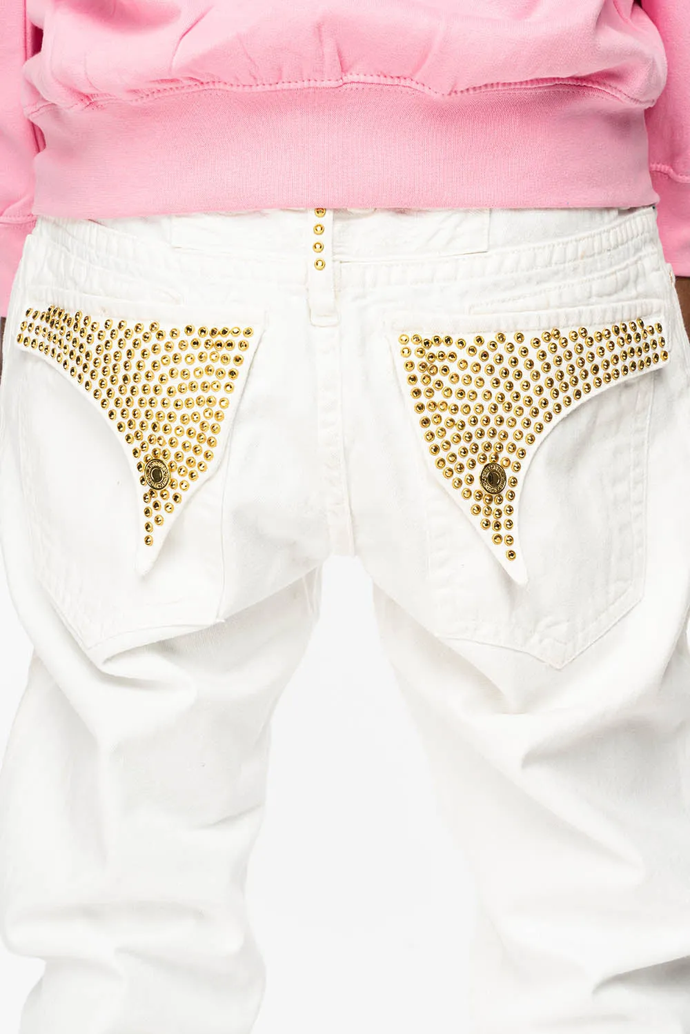 MENS LONG FLAP SLIM JEANS WITH FULL AURUM CRYSTALS IN PURE WHITE DNM