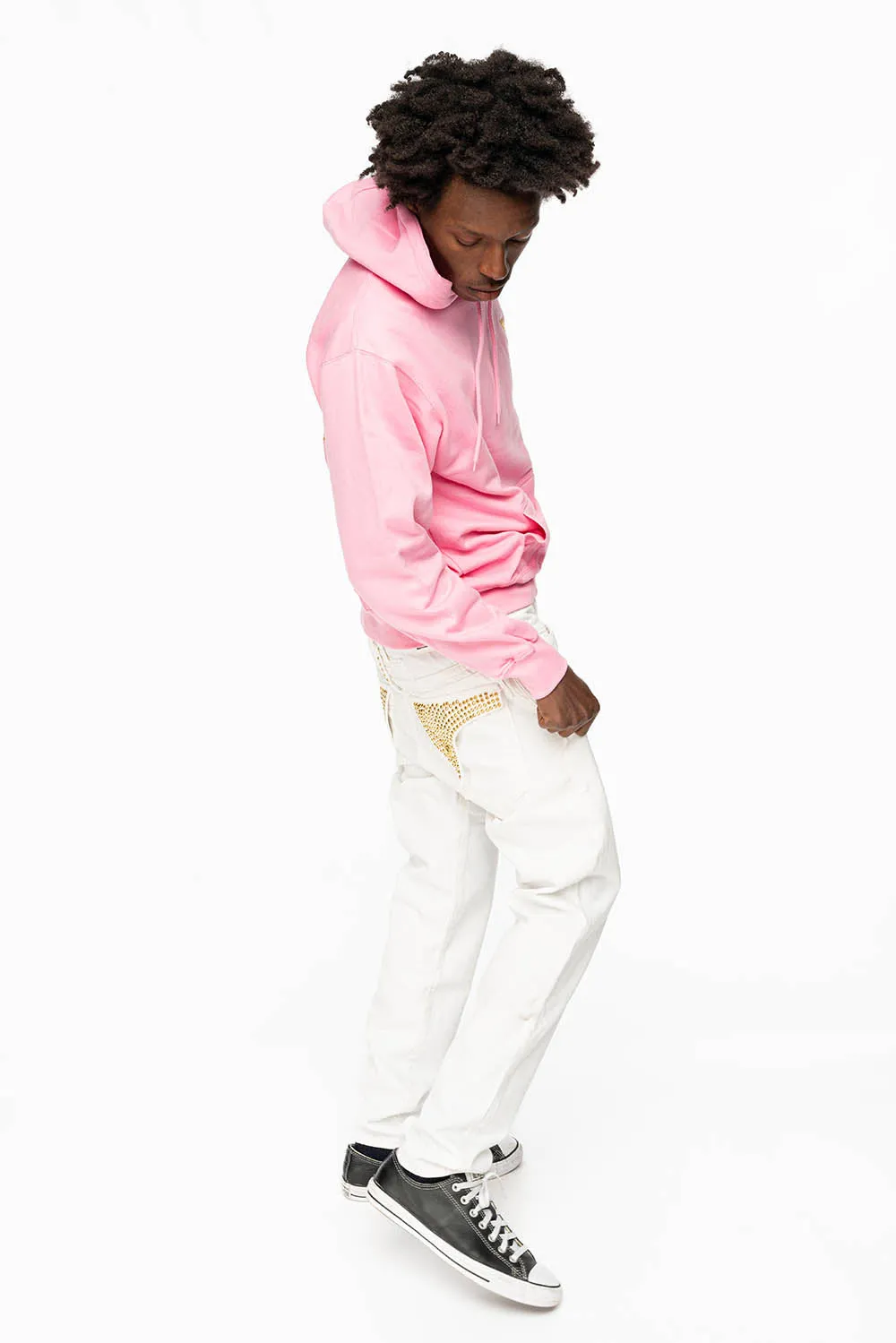 MENS LONG FLAP SLIM JEANS WITH FULL AURUM CRYSTALS IN PURE WHITE DNM