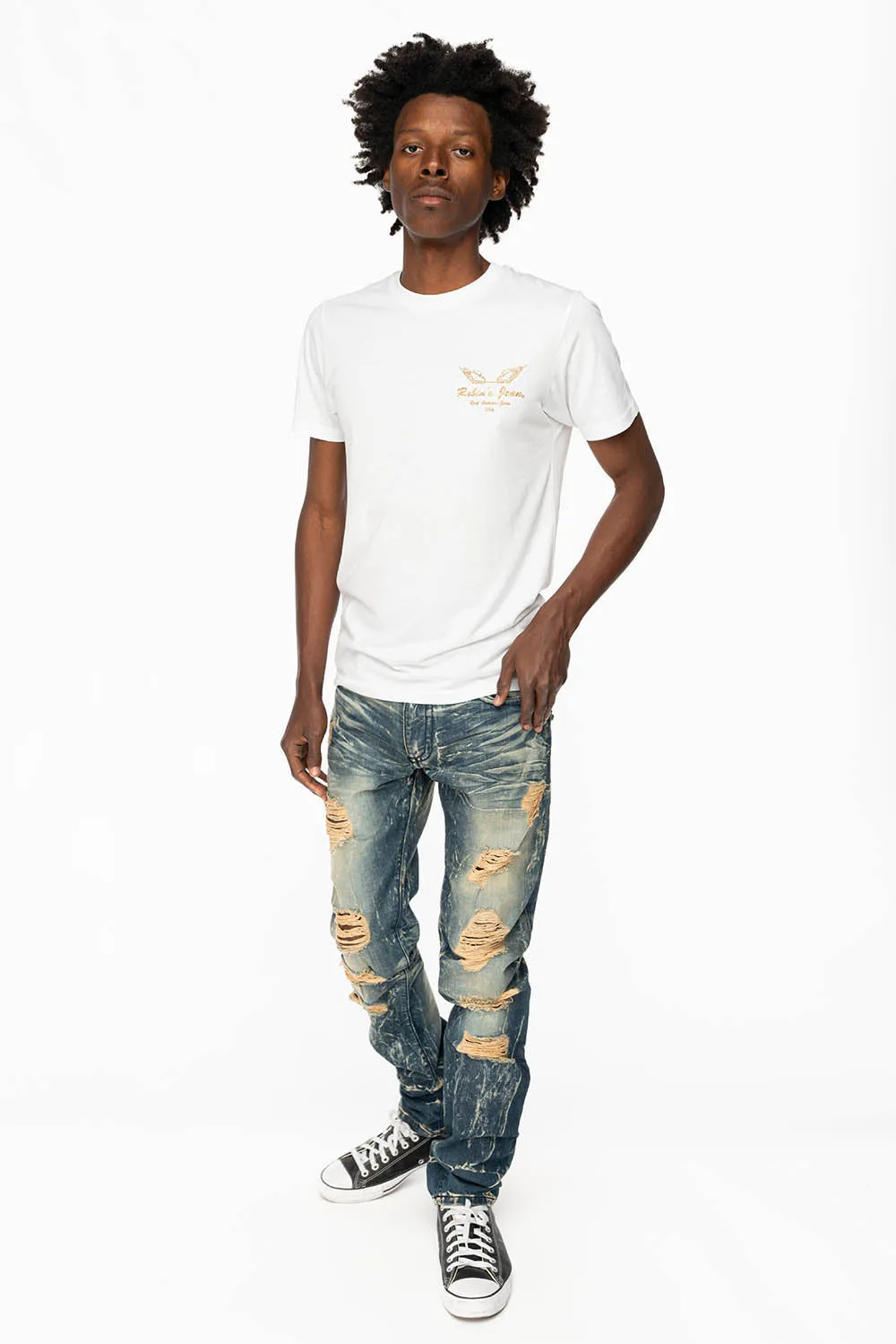 MENS LONG FLAP SLIM JEANS WITH FULL CRYSTALS IN 4D DARK BROKEN DNM