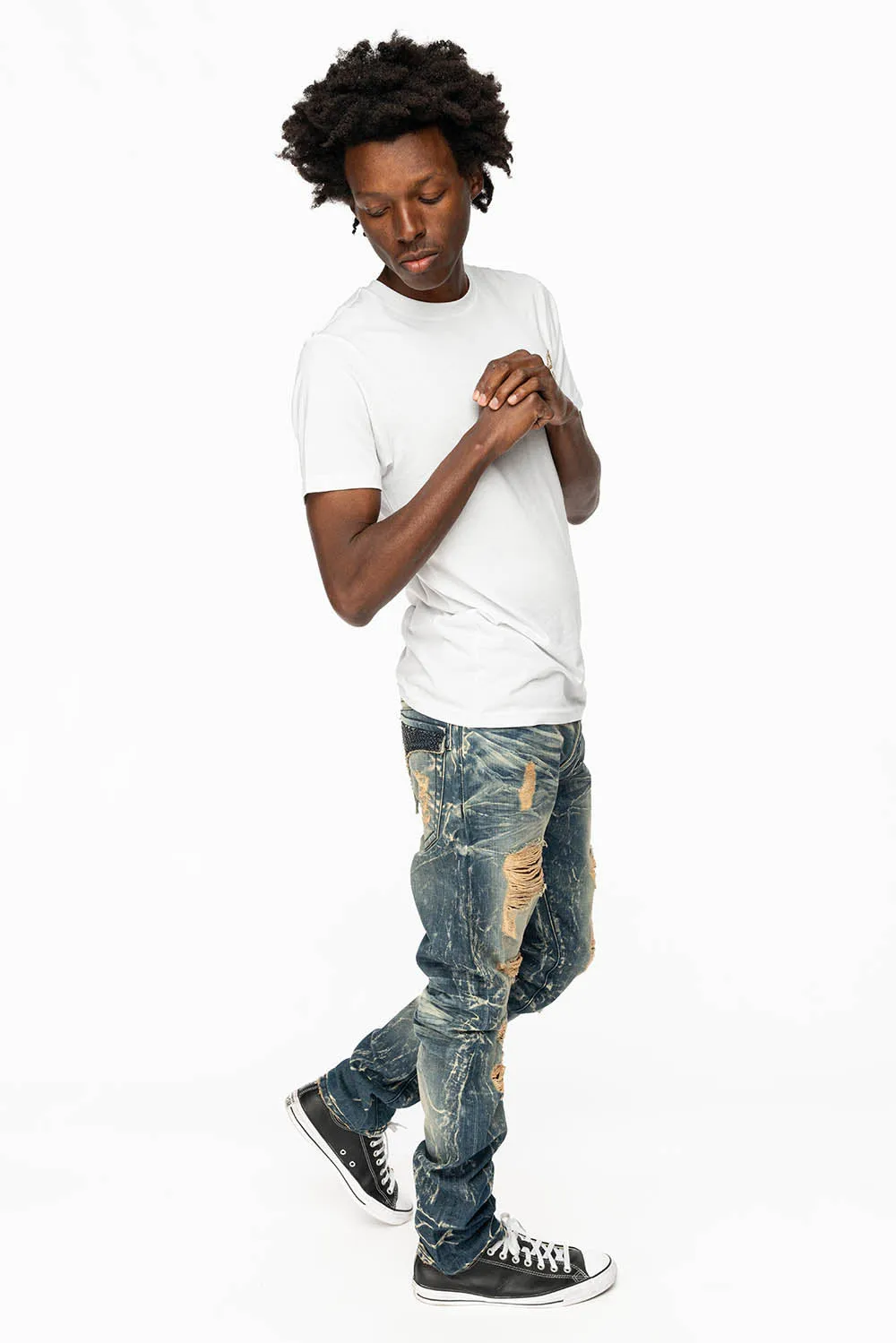 MENS LONG FLAP SLIM JEANS WITH FULL CRYSTALS IN 4D DARK BROKEN DNM