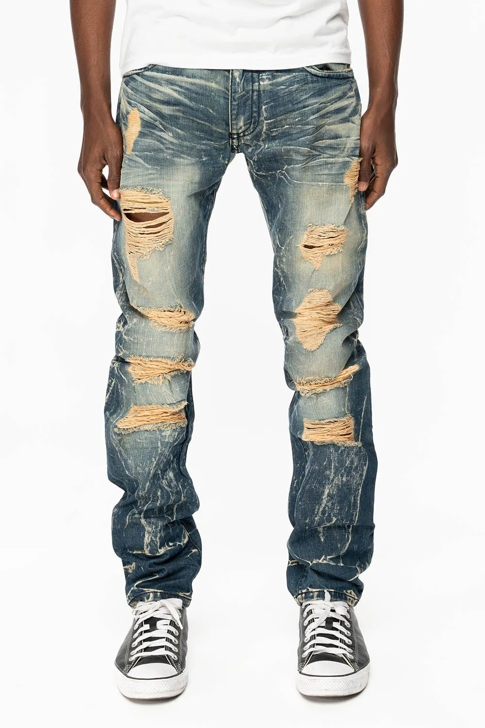 MENS LONG FLAP SLIM JEANS WITH FULL CRYSTALS IN 4D DARK BROKEN DNM