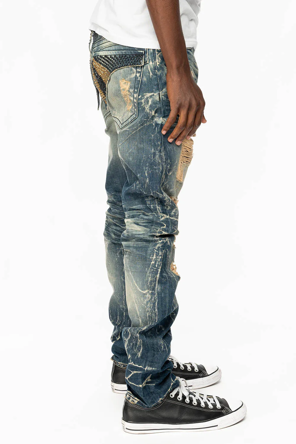 MENS LONG FLAP SLIM JEANS WITH FULL CRYSTALS IN 4D DARK BROKEN DNM