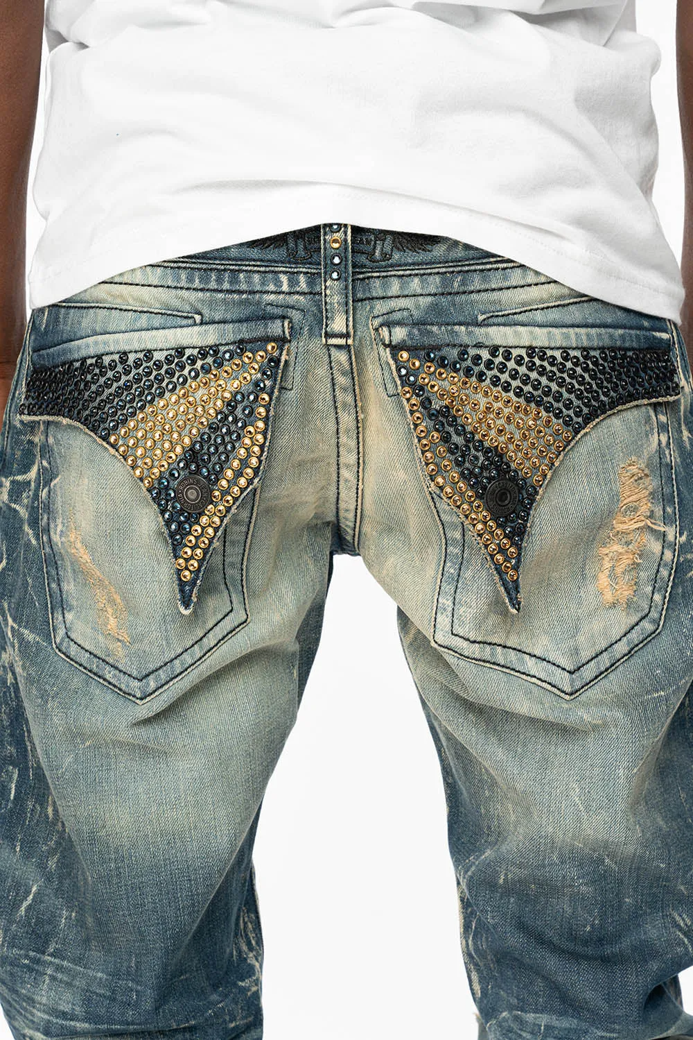 MENS LONG FLAP SLIM JEANS WITH FULL CRYSTALS IN 4D DARK BROKEN DNM