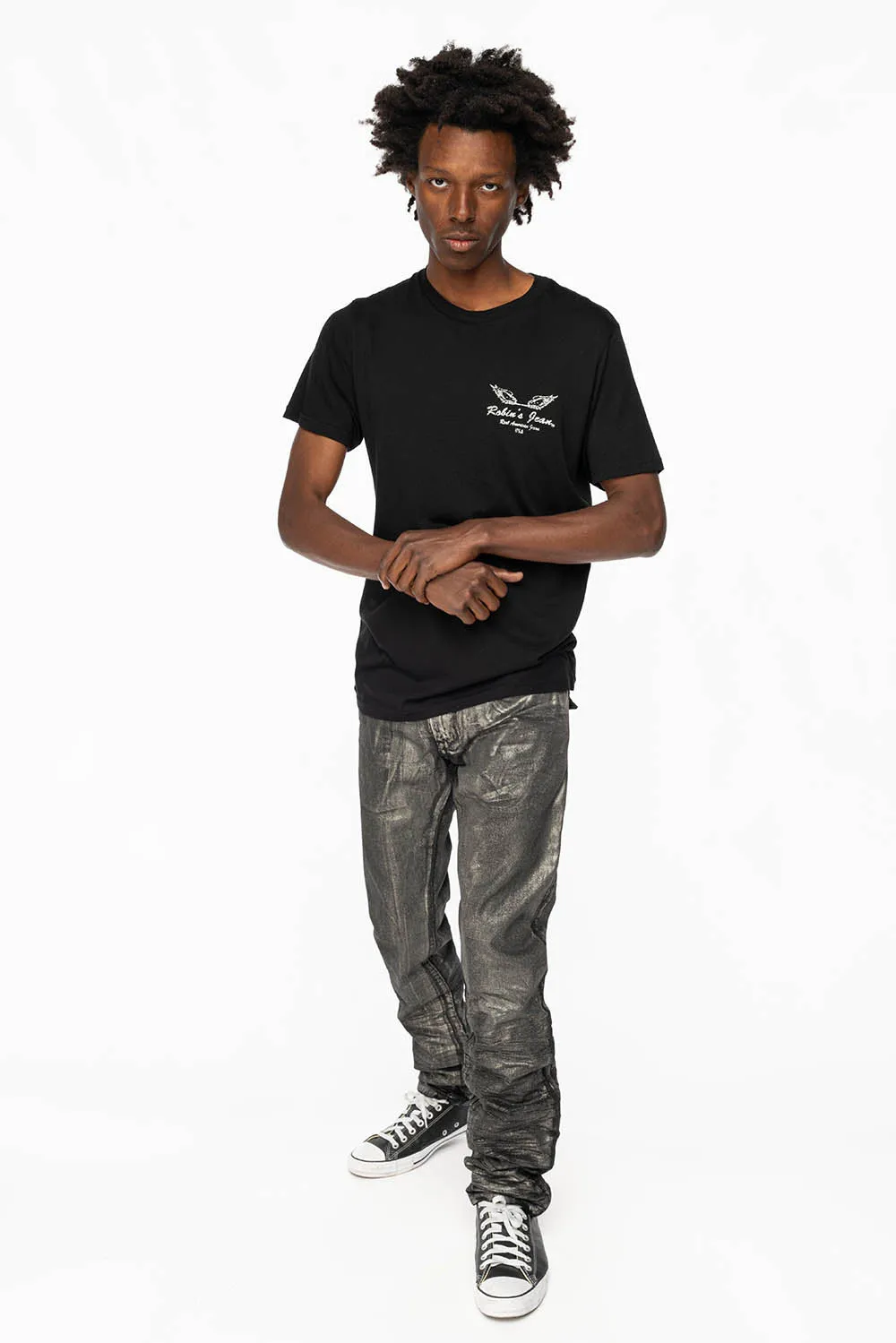 MENS LONG FLAP SLIM JEANS WITH  FULL CRYSTALS  IN RUSH SILVER COATED DNM