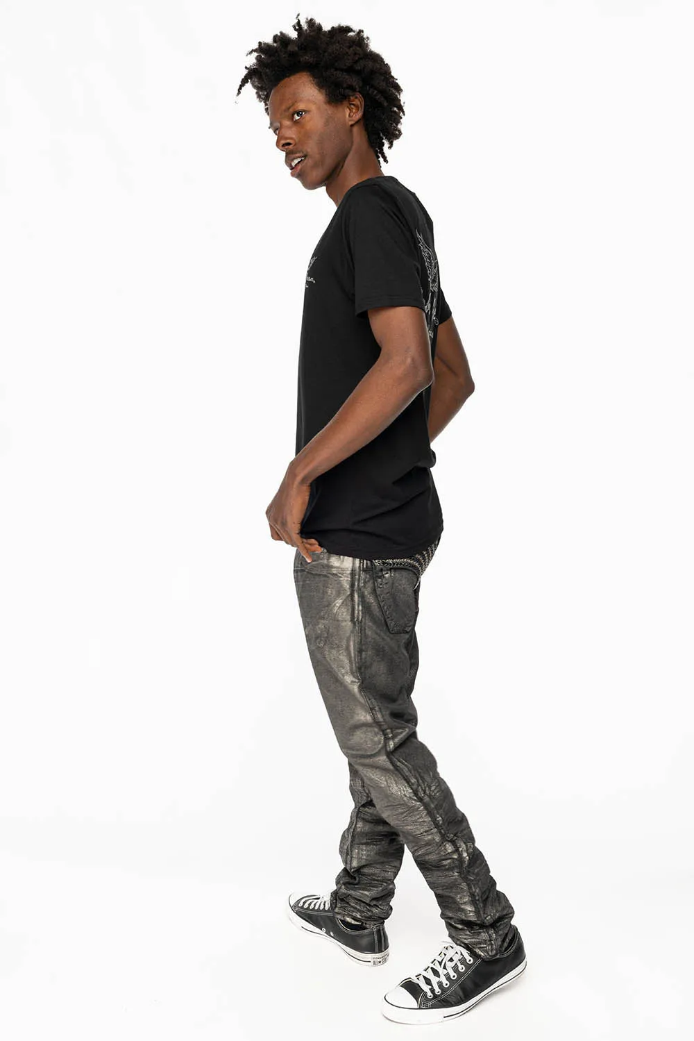 MENS LONG FLAP SLIM JEANS WITH  FULL CRYSTALS  IN RUSH SILVER COATED DNM