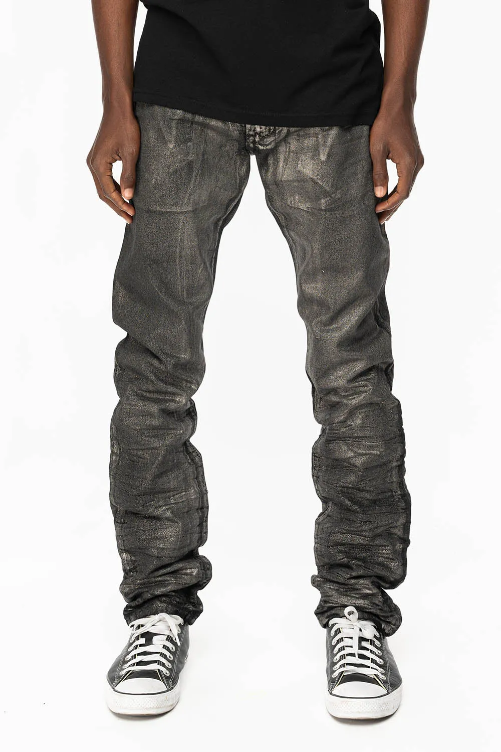 MENS LONG FLAP SLIM JEANS WITH  FULL CRYSTALS  IN RUSH SILVER COATED DNM