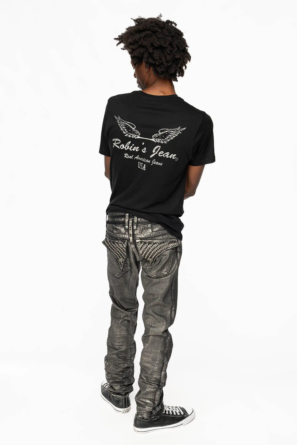 MENS LONG FLAP SLIM JEANS WITH  FULL CRYSTALS  IN RUSH SILVER COATED DNM