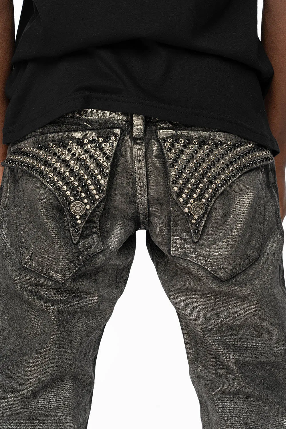 MENS LONG FLAP SLIM JEANS WITH  FULL CRYSTALS  IN RUSH SILVER COATED DNM