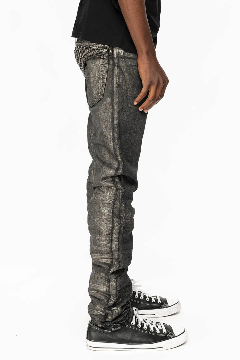 MENS LONG FLAP SLIM JEANS WITH  FULL CRYSTALS  IN RUSH SILVER COATED DNM