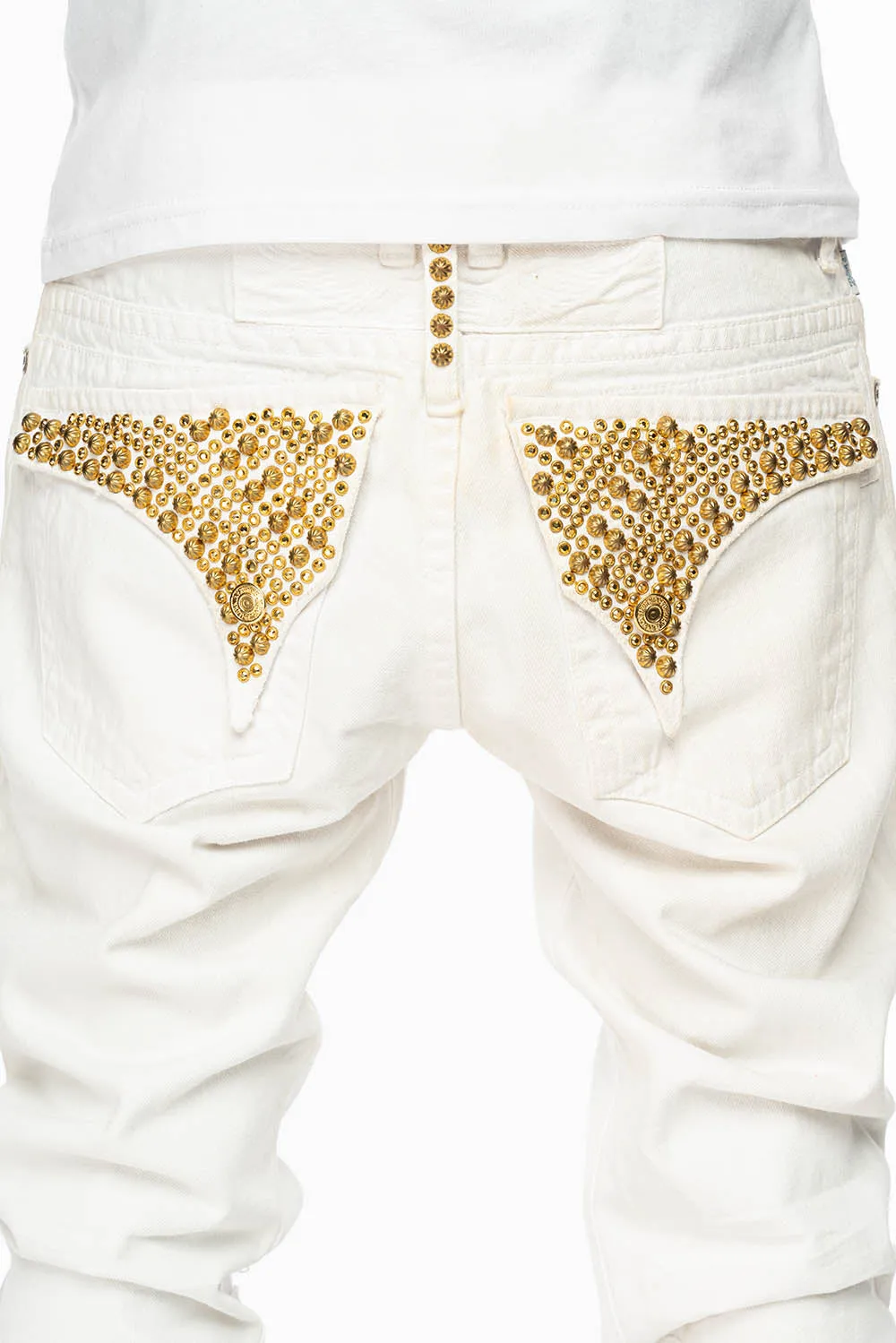 MENS LONG FLAP SLIM JEANS WITH PARACHUTE STUDS AND AURUM CRYSTALS IN PURE WHITE BROKEN REPAIRED DNM