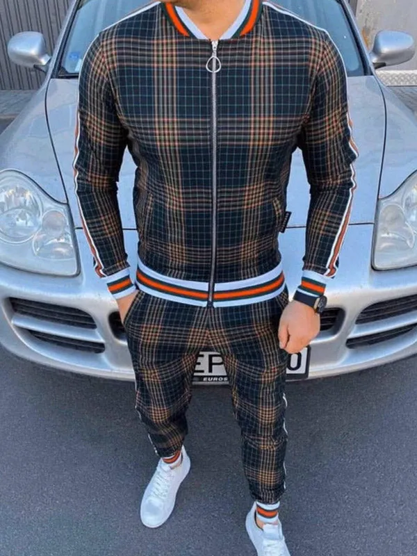 Men's Plaid Striped Tracksuit Two-Piece Outfit