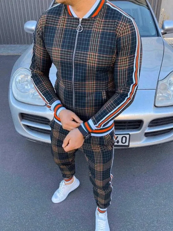Men's Plaid Striped Tracksuit Two-Piece Outfit