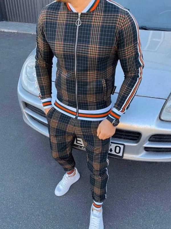 Men's Plaid Striped Tracksuit Two-Piece Outfit