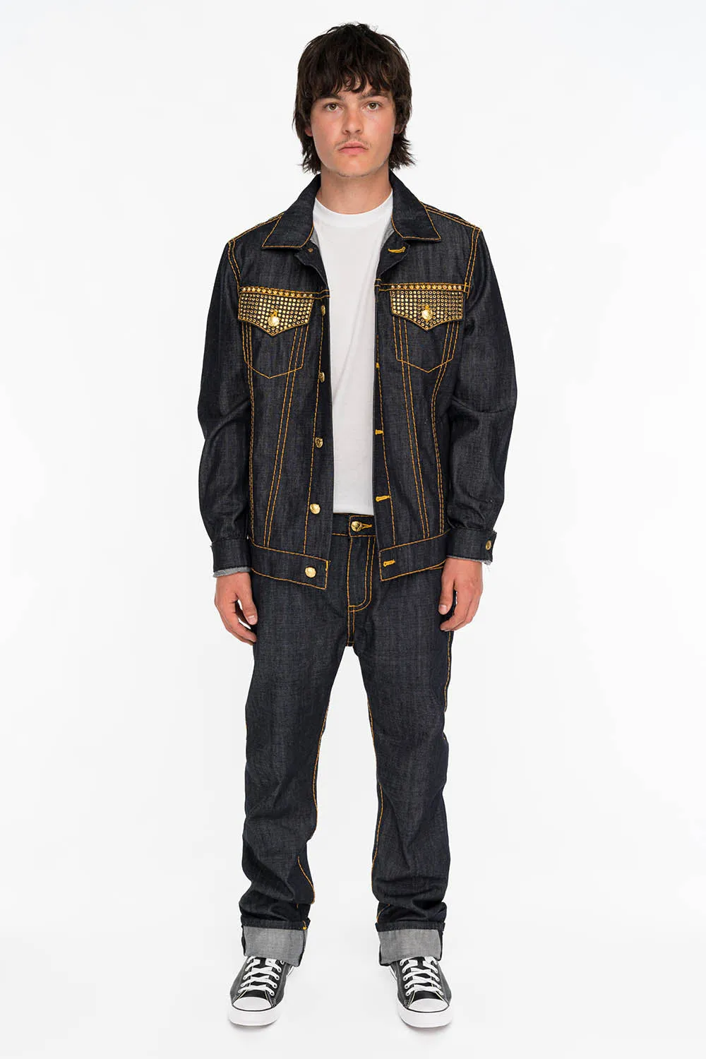 MENS RAW DENIM SLIM FIT CLASSIC JEANS WITH ORANGE HEAVY STITCHING STUDS AND CRYSTALS
