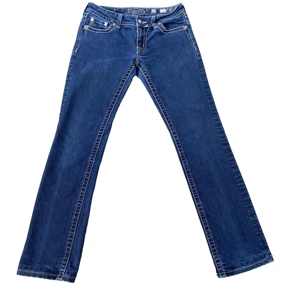 Miss Me Jeans Women’s Size 29 Blue Straight Flap Pockets Embellished Gemstones