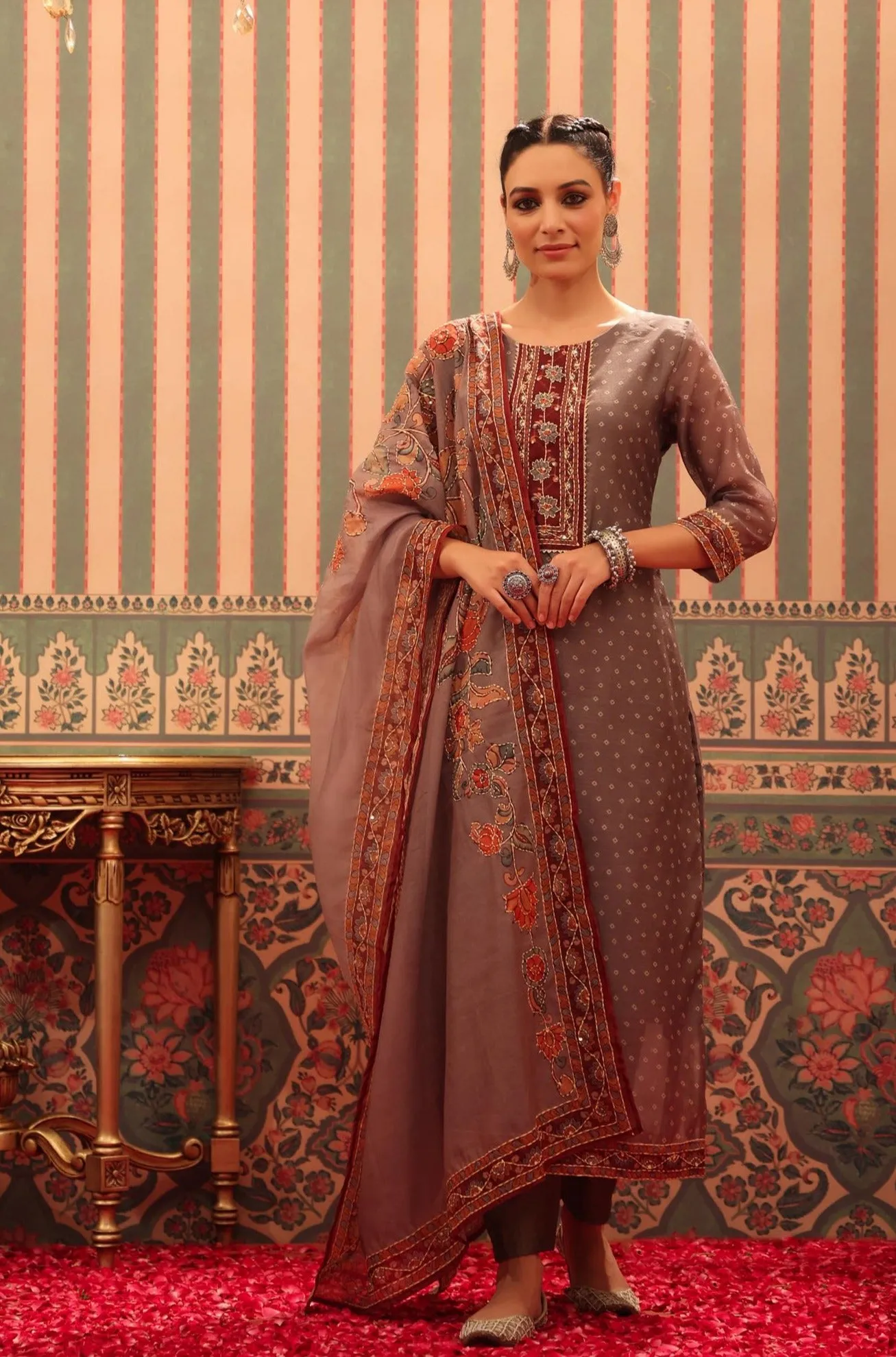 Mocha Chanderi Silk Printed Kantha Work Suit Set