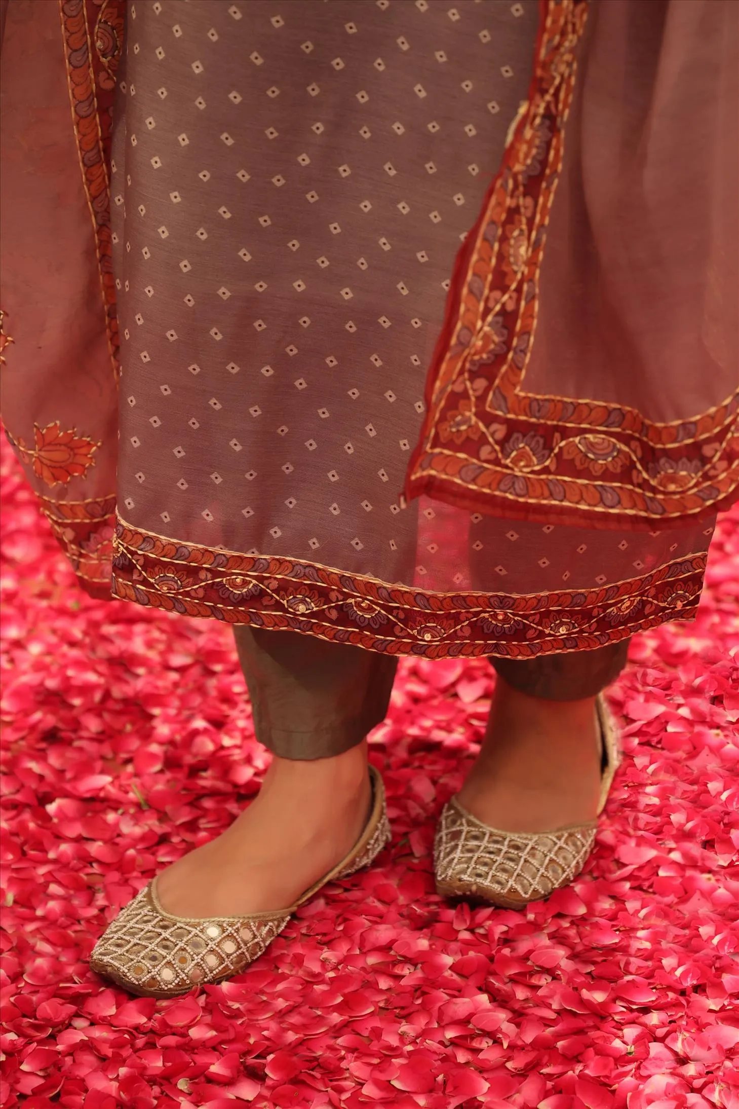 Mocha Chanderi Silk Printed Kantha Work Suit Set