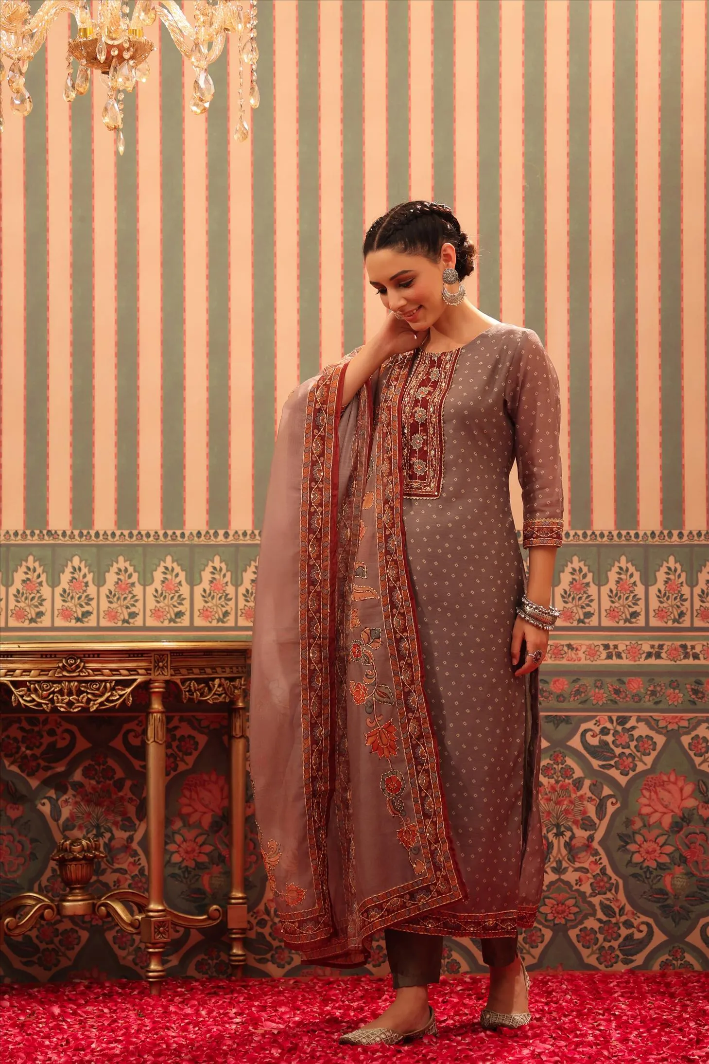 Mocha Chanderi Silk Printed Kantha Work Suit Set