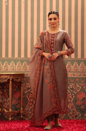 Mocha Chanderi Silk Printed Kantha Work Suit Set