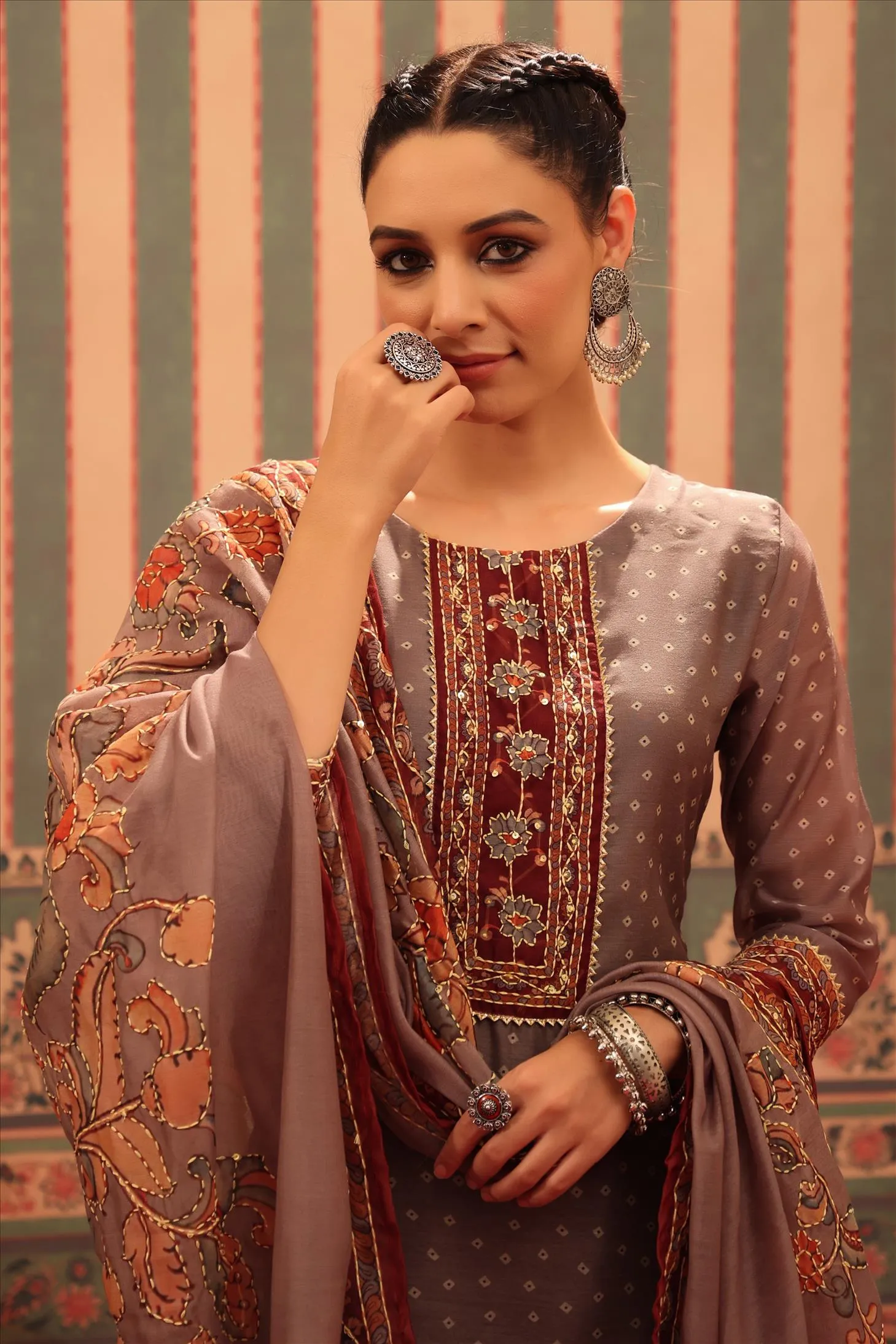 Mocha Chanderi Silk Printed Kantha Work Suit Set