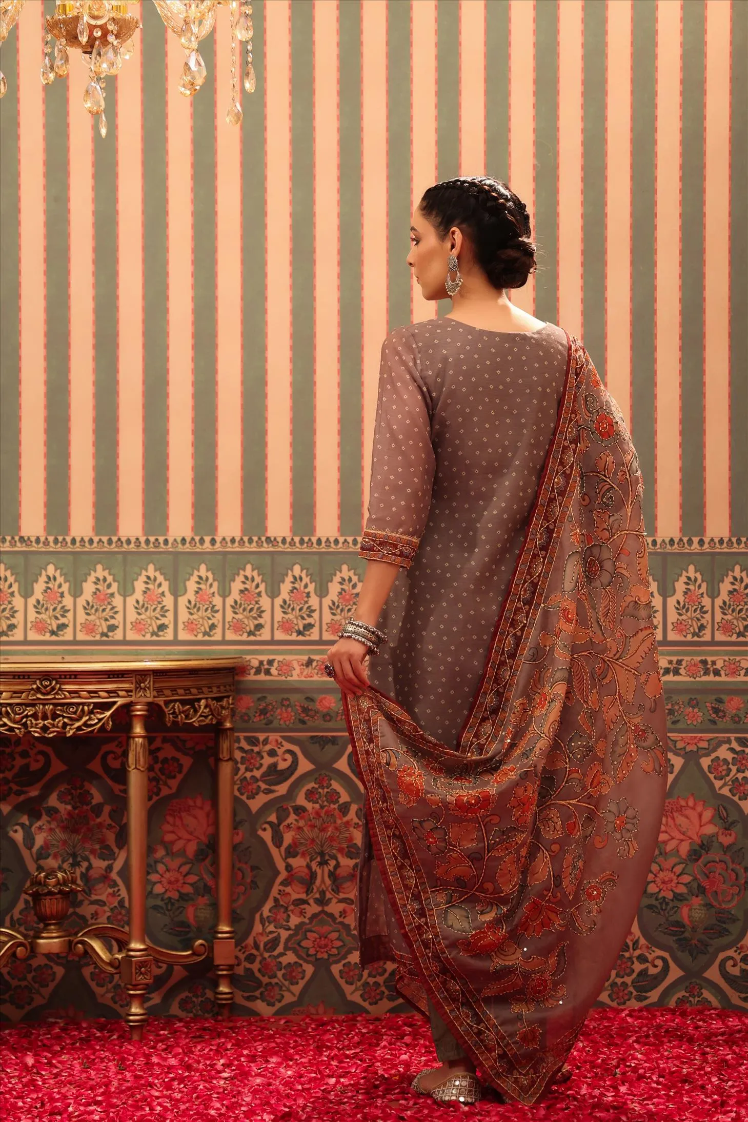 Mocha Chanderi Silk Printed Kantha Work Suit Set