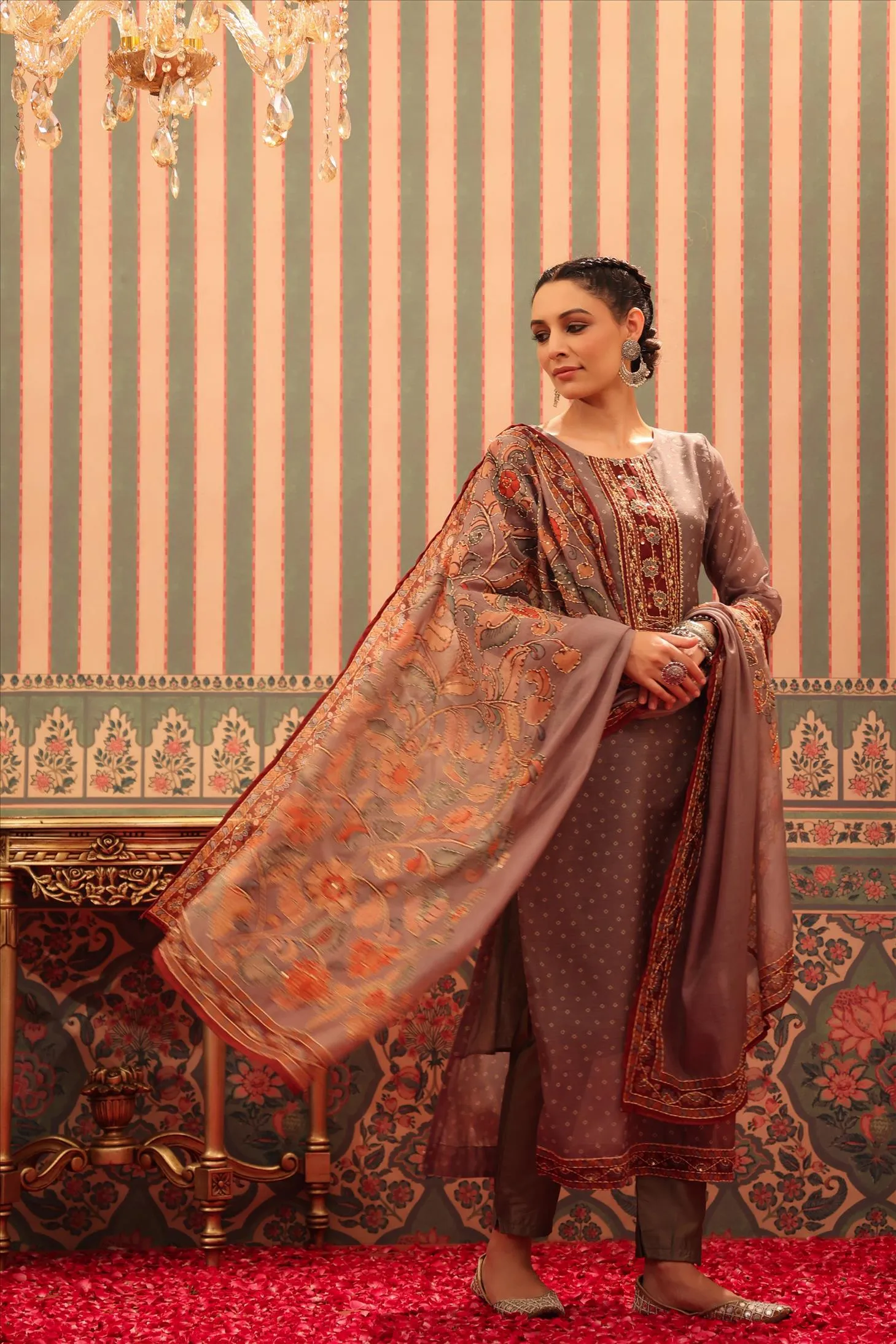 Mocha Chanderi Silk Printed Kantha Work Suit Set