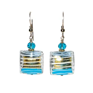 Murano Glass Aqua Blue Square Striped Gold Earrings
