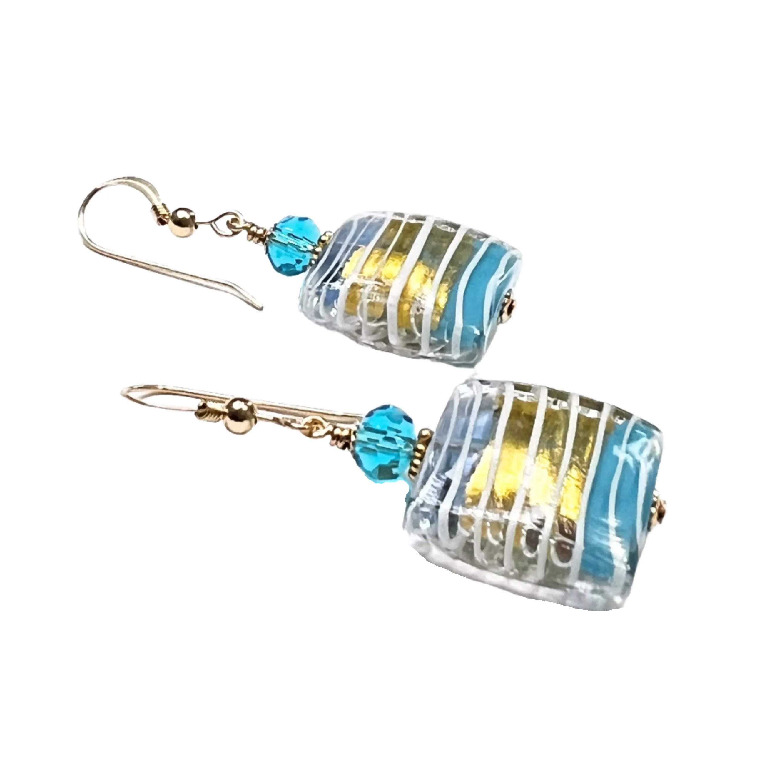 Murano Glass Aqua Blue Square Striped Gold Earrings