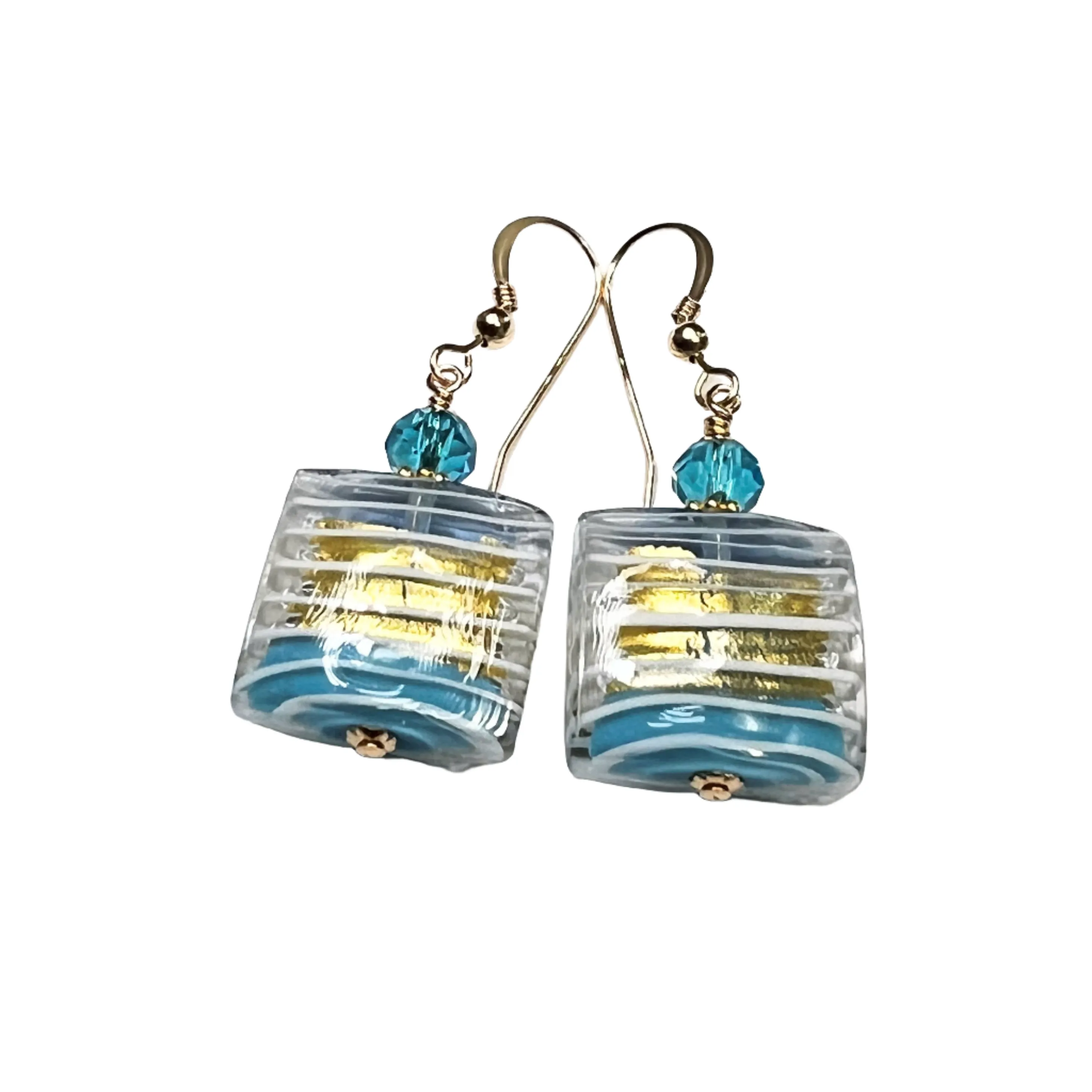 Murano Glass Aqua Blue Square Striped Gold Earrings