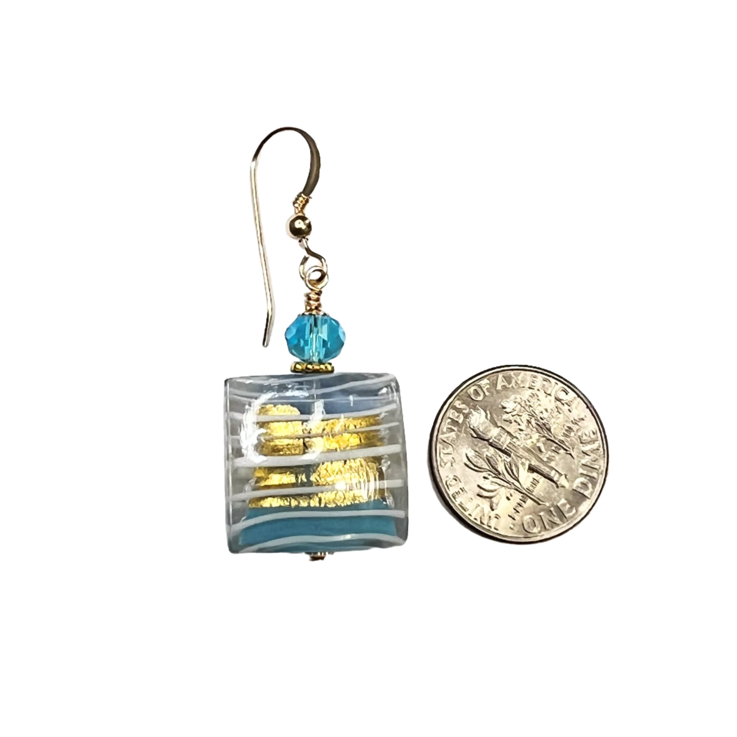 Murano Glass Aqua Blue Square Striped Gold Earrings