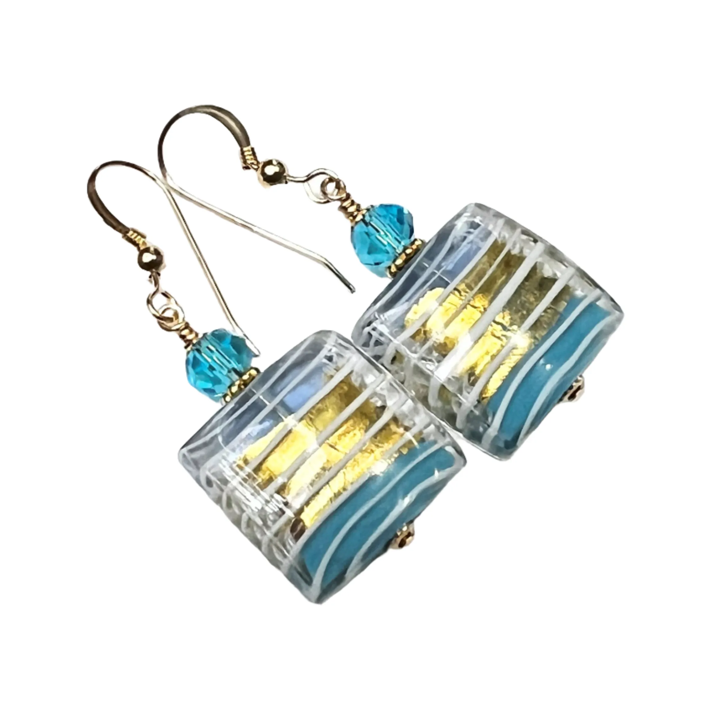 Murano Glass Aqua Blue Square Striped Gold Earrings