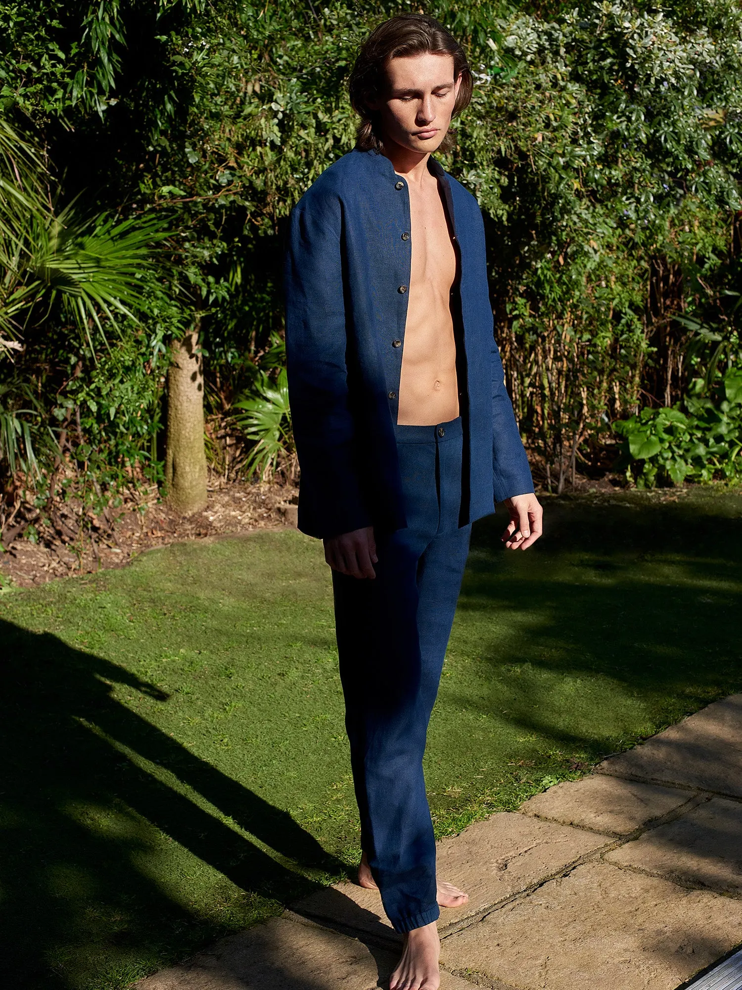 Navy Elastic Waist Linen Trousers