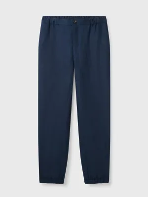 Navy Elastic Waist Linen Trousers