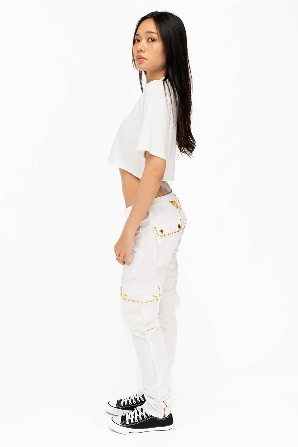 NEW MILITARY STYLE WOMENS SKINNY EMBELLISHED CARGO PANTS IN WHITE
