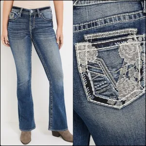 NEW Vigoss Dark Sandwash Rose Floral Pocket Mid Rise Flare Jeans 0