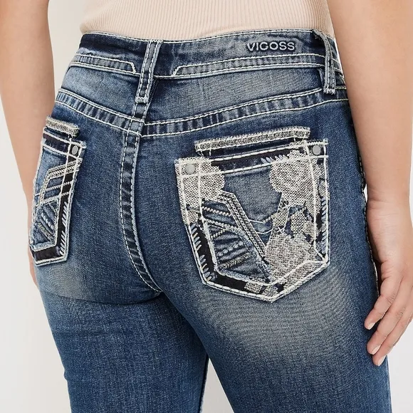 NEW Vigoss Dark Sandwash Rose Floral Pocket Mid Rise Flare Jeans 0