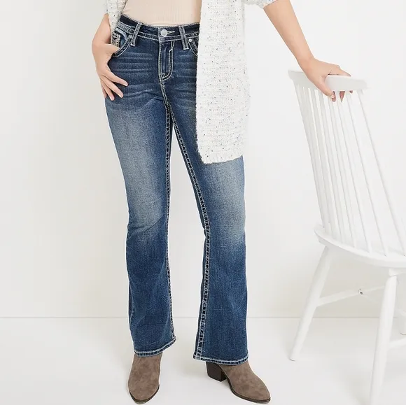 NEW Vigoss Dark Sandwash Rose Floral Pocket Mid Rise Flare Jeans 0