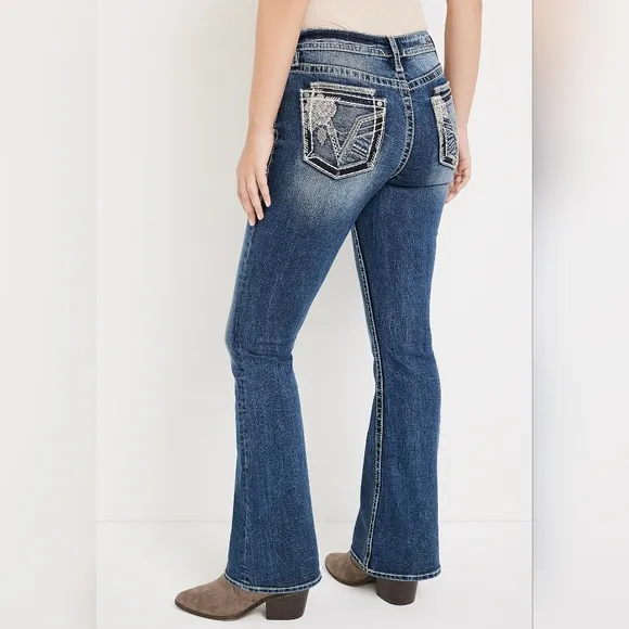 NEW Vigoss Dark Sandwash Rose Floral Pocket Mid Rise Flare Jeans 0