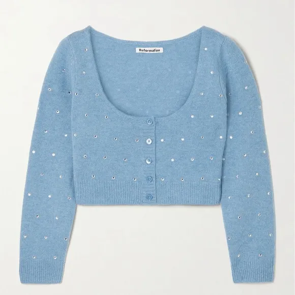 NWT $200 Reformation Nathalia Crystal beaded Wool‎ Cardigan wool cashmere blue