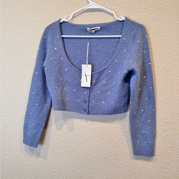 NWT $200 Reformation Nathalia Crystal beaded Wool‎ Cardigan wool cashmere blue