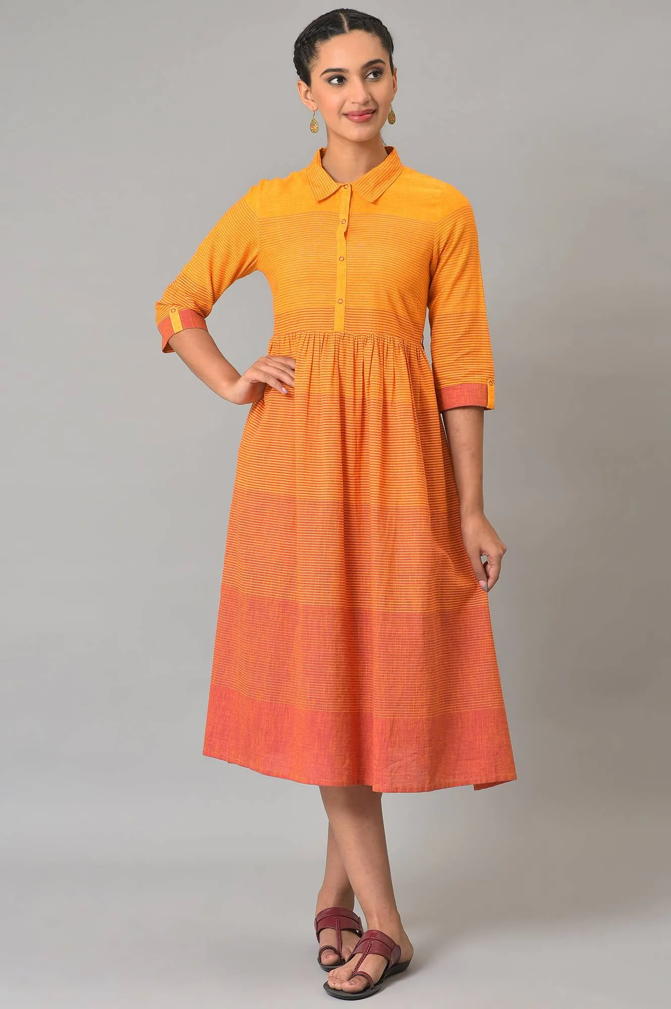 Orange Ombre Shirt Collar Summer Plus Size Dress