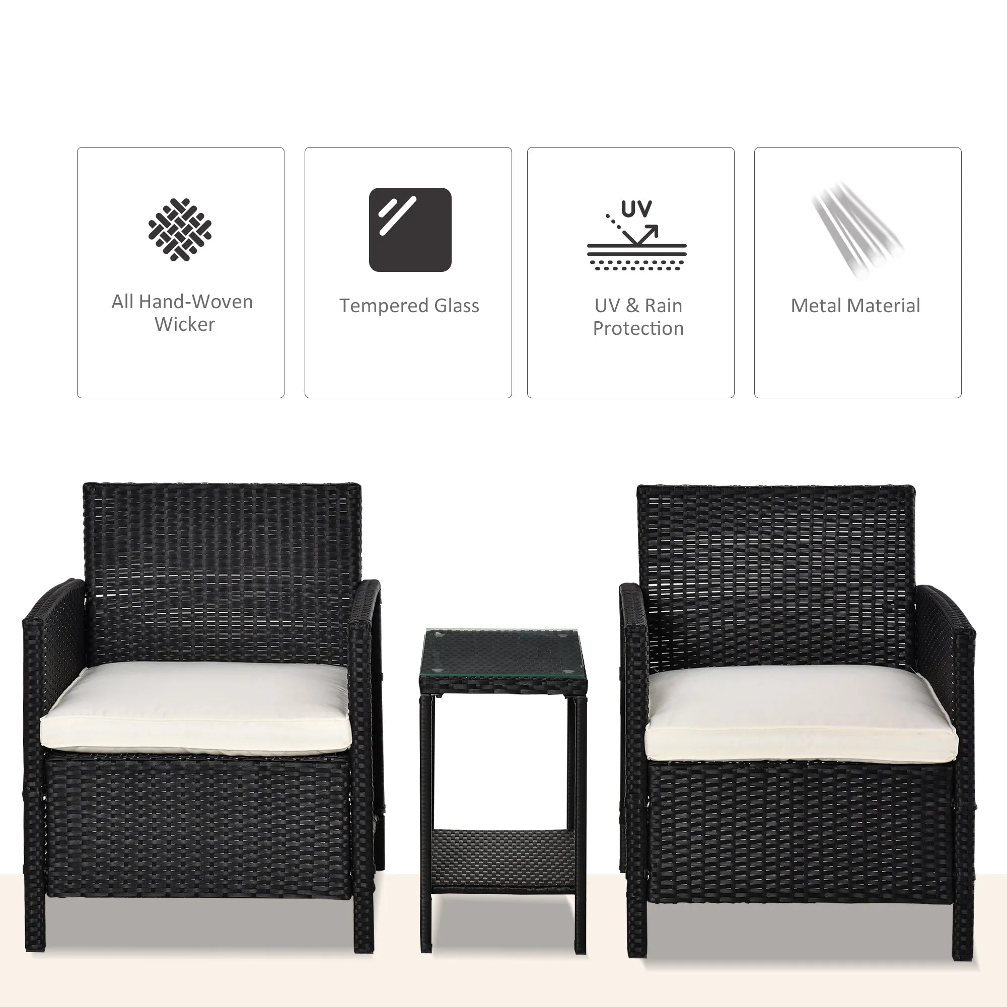 Outsunny 2-Seater Pe Rattan Side Table & Armchair Bistro Set Jack And Jill Seat With Pillows Black